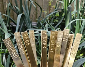 Set of 4 Handmade Brass Herb Garden Markers – Personalised. Rustic Outdoor Garden Stakes – Gift for Garden