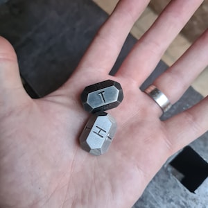 May include: Two metal dice with the letter "T" on one die and the letter "H" on the other die. The dice are a dark grey and a silver colour.