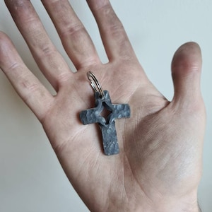 Blacksmith hand forged pendant keychain blacksmith cross steel keyring split cross keyfob necklace