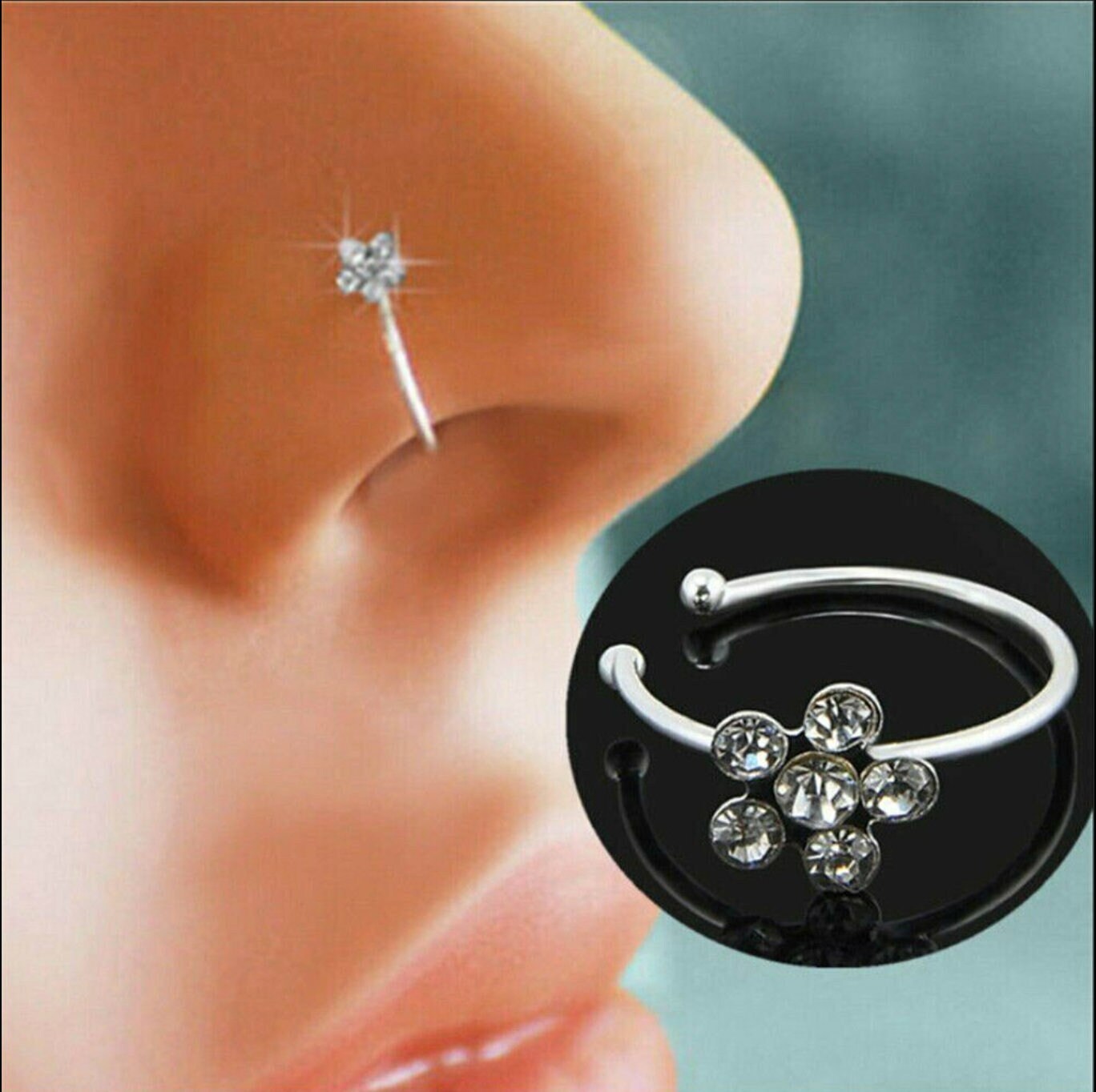 Women Clip On Thin Small Flower Crystal  Stud Hoop-Sparkly Fake Nose Ring Men 