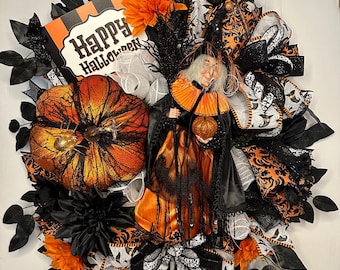 Halloween wreath, Halloween witch wreath, orange and black wreath, Halloween  decor, XXL Halloween wreath, whimsical Halloween wreath,