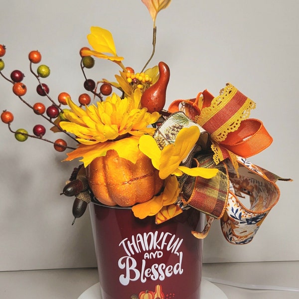 Glamorous thanksgiving, Decorative hostess gift, Fall centerpiece, Tin can with fall foliage, Harvest vegetables, Thanksgiving gathering