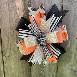 Whimsical Pumpkin Fall Bow | Black and White Gingham Autumn Wreath Attachment | Polka Dot and Stripe Bow | Lantern Attachment