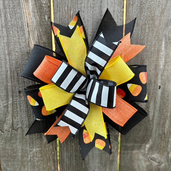 Candy Corn Bow | Halloween Wreath Attachment | Black, Orange, Yellow, and White Linen Bow | Lantern Attachment