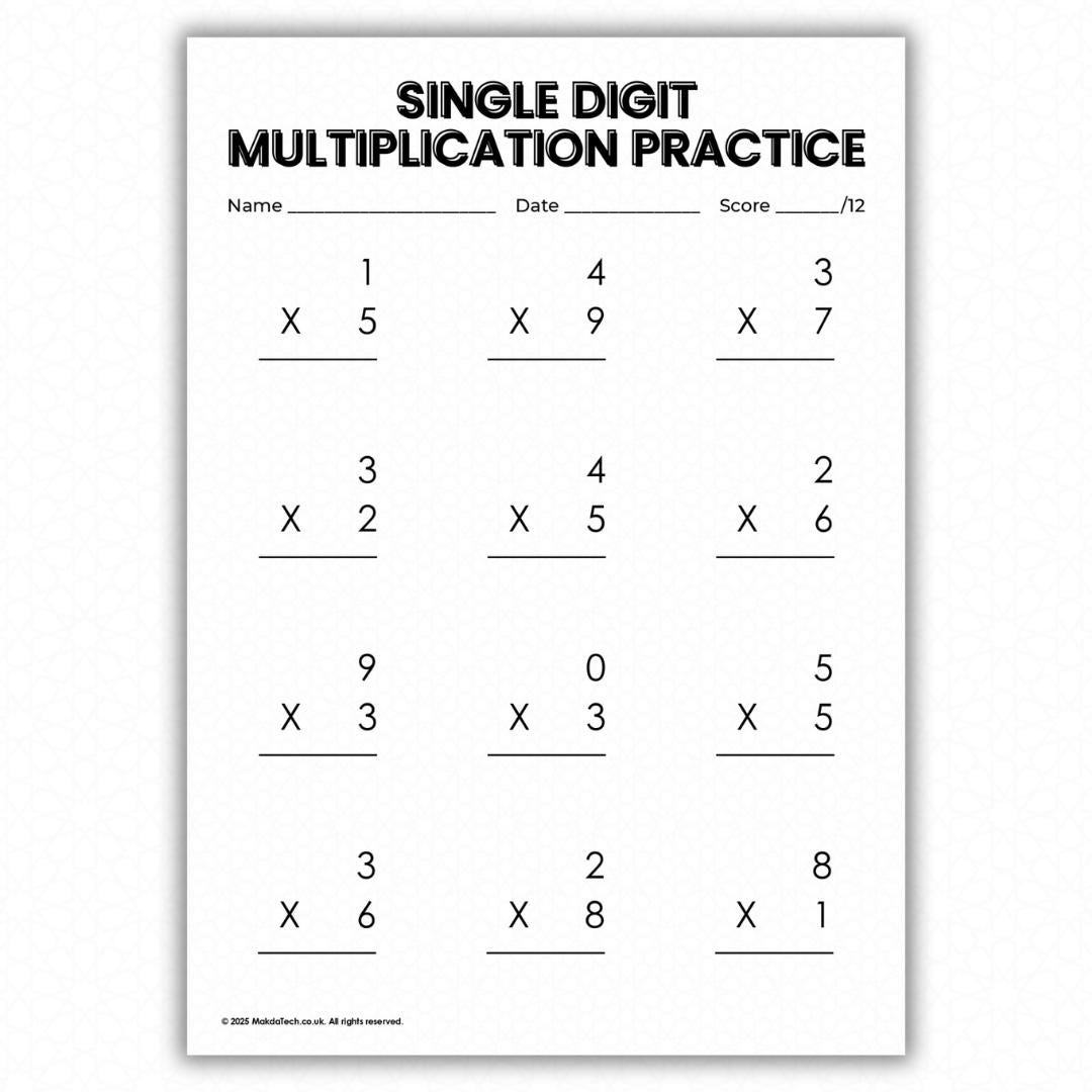 10 Printable Single Digit Multiplication Worksheets Practice Pack ...