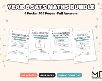 Year 6 SATs Maths Bundle, KS2 Arithmetic Practice Papers, Long Division, Fractions Decimals Percentages, Algebra, Answers, A4 PDF