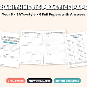 Pode incluir: Um conjunto de folhas de prática de aritmética KS2 para alunos do Year 6, com questões no estilo SATs. A coleção inclui seis provas completas com respostas, apresentadas em folhas brancas com texto preto e problemas matemáticos.