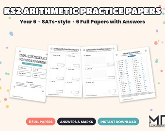 KS2 Arithmetic Practice Papers, Year 6 SATs Maths Revision, 6 Full Papers with Answers, Long Multiplication & Division, Fractions, A4 PDF