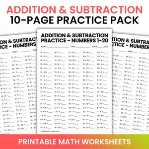 Pode incluir: Uma pilha de folhas de exercícios de matemática imprimíveis para adição e subtração, com problemas para os números 1-20. As folhas de exercícios têm um fundo branco com texto preto e são projetadas para a prática.