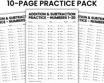 10 Printable Addition & Subtraction Worksheets – Numbers 1-20 Practice (Digital Download)