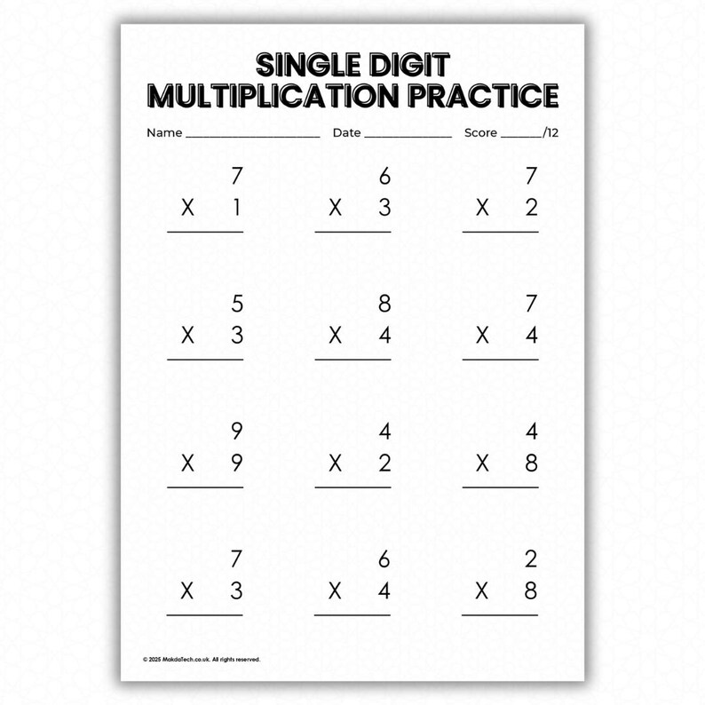 10 Printable Single Digit Multiplication Worksheets Practice Pack ...