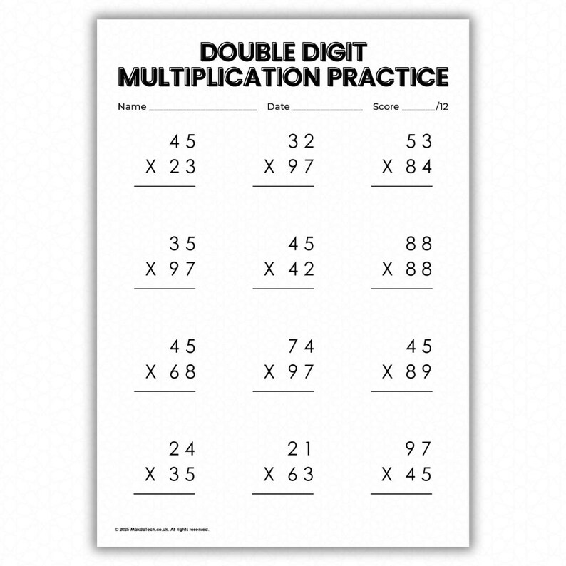10 Printable Double Digit Multiplication Worksheets Practice Pack - 2 ...