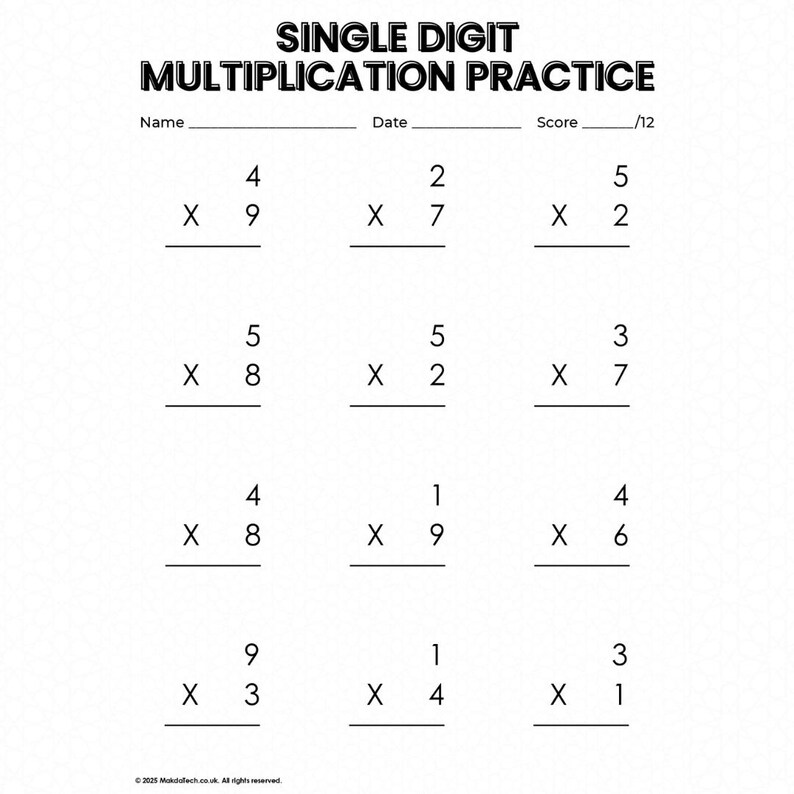 10 Printable Single Digit Multiplication Worksheets Practice Pack ...