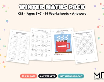 Winter Maths Worksheets KS1, Year 1 & Year 2 Addition, Subtraction, Times Tables, Number Bonds, Printable Maths Pack with Answers, A4 PDF