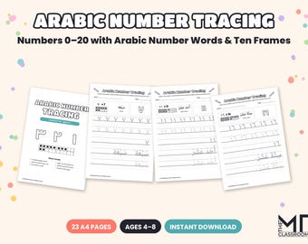 Arabic Number Tracing Worksheets 0-20, Arabic Numerals and Number Words with Ten Frames, Madrasah & Islamic Homeschool Maths, A4 PDF