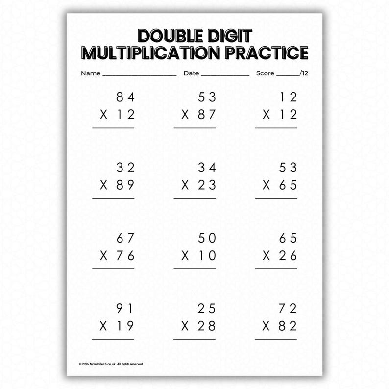 10 Printable Double Digit Multiplication Worksheets Practice Pack - 2 ...