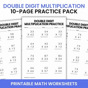 Può includere: Un mucchio di fogli di lavoro bianchi con problemi di moltiplicazione a due cifre. I fogli di lavoro sono intitolati "Double Digit Multiplication Practice" e includono spazio per nome, data e punteggio. Il testo "Printable Math Worksheets" è in basso.