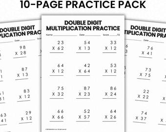 10 Printable Double Digit Multiplication Worksheets Practice Pack - 2 Digit - Teacher Resource - Digital Download