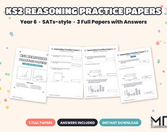 KS2 Reasoning Practice Papers, Year 6 SATs Maths Revision, 3 Full Papers with Answers, Word Problems, Geometry, Statistics, A4 PDF
