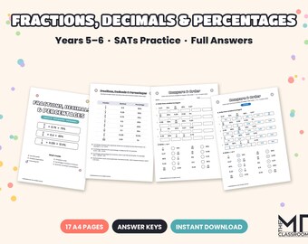 Fractions Decimals Percentages Worksheets, Year 5 Year 6 FDP Practice, Converting, Ordering, Percentages of Amounts, SATs, Answers, A4 PDF