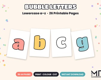 Printable Bubble Letters Lowercase a-z, Large Alphabet Templates for Colouring, Cutting & Classroom Display, A4 PDF