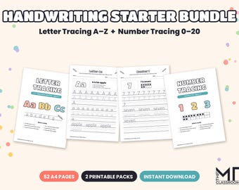Handwriting Practice Bundle, Letter Tracing A-Z & Number Tracing 0-20 Worksheets, Preschool and Reception Printables, A4 PDF