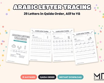 Arabic Letter Tracing Worksheets, 29 Arabic Alphabet Handwriting Pages in Qaida Order with Hamzah, Madrasah & Islamic Homeschool, A4 PDF