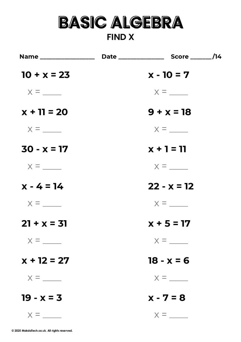 10 Printable Basic Algebra Worksheets - Algebra for Beginners Practice ...
