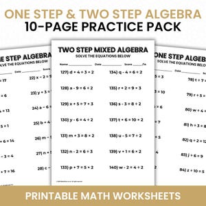 May include: A stack of printable math worksheets for algebra practice. The worksheets are white with black text, featuring equations and space for answers. The title reads "ONE STEP & TWO STEP ALGEBRA 10-PAGE PRACTICE PACK."