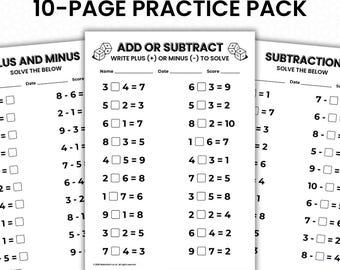 10 Printable Addition & Subtraction Fill in the Blanks Worksheets (Numbers 1-10) for Reception Year 1 Practice Pack - Digital Download