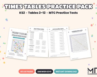 Times Tables Worksheets KS2, Multiplication Practice 2-12 with MTC Practice Tests, Year 3 Year 4 Maths, Printable Pack with Answers, A4 PDF