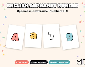 English Alphabet Bubble Letters Bundle, Uppercase, Lowercase & Numbers 0-9, Printable Classroom Display Letters, A4 PDF