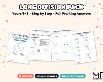 Long Division Worksheets Year 5 Year 6, Short & Long Division with Remainders, Step by Step Guide, Full Worked Answers, KS2 Maths, A4 PDF