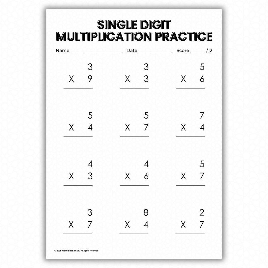 10 Printable Single Digit Multiplication Worksheets Practice Pack ...