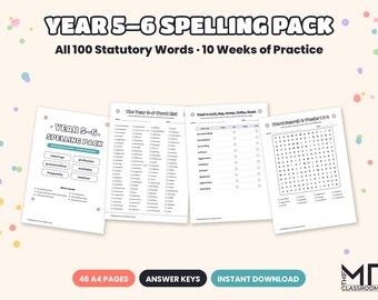 Year 5 Year 6 Statutory Spelling Words, All 100 Spellings, Look Say Cover Write Check, Word Searches, Tests, KS2 SATs, A4 PDF