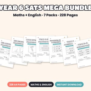 Könnte beinhalten: Ein Year 6 SATS Mega Bundle Bildungsressourcen-Set mit 7 Paketen und 228 A4-Seiten an Übungsmaterial für Mathe und Englisch. Die Sammlung enthält Arbeitsblätter zu Arithmetik, logischem Denken, Division, Brüchen, Algebra und Rechtschreibung.
