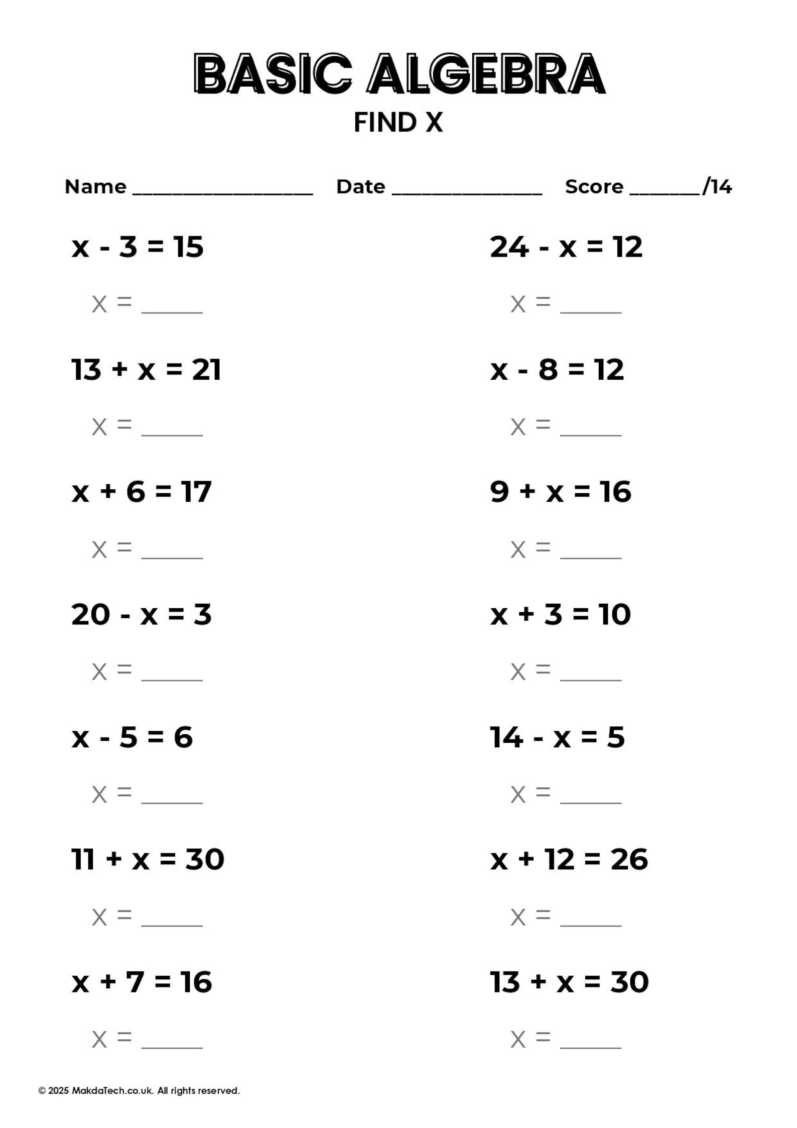10 Printable Basic Algebra Worksheets - Algebra for Beginners Practice ...