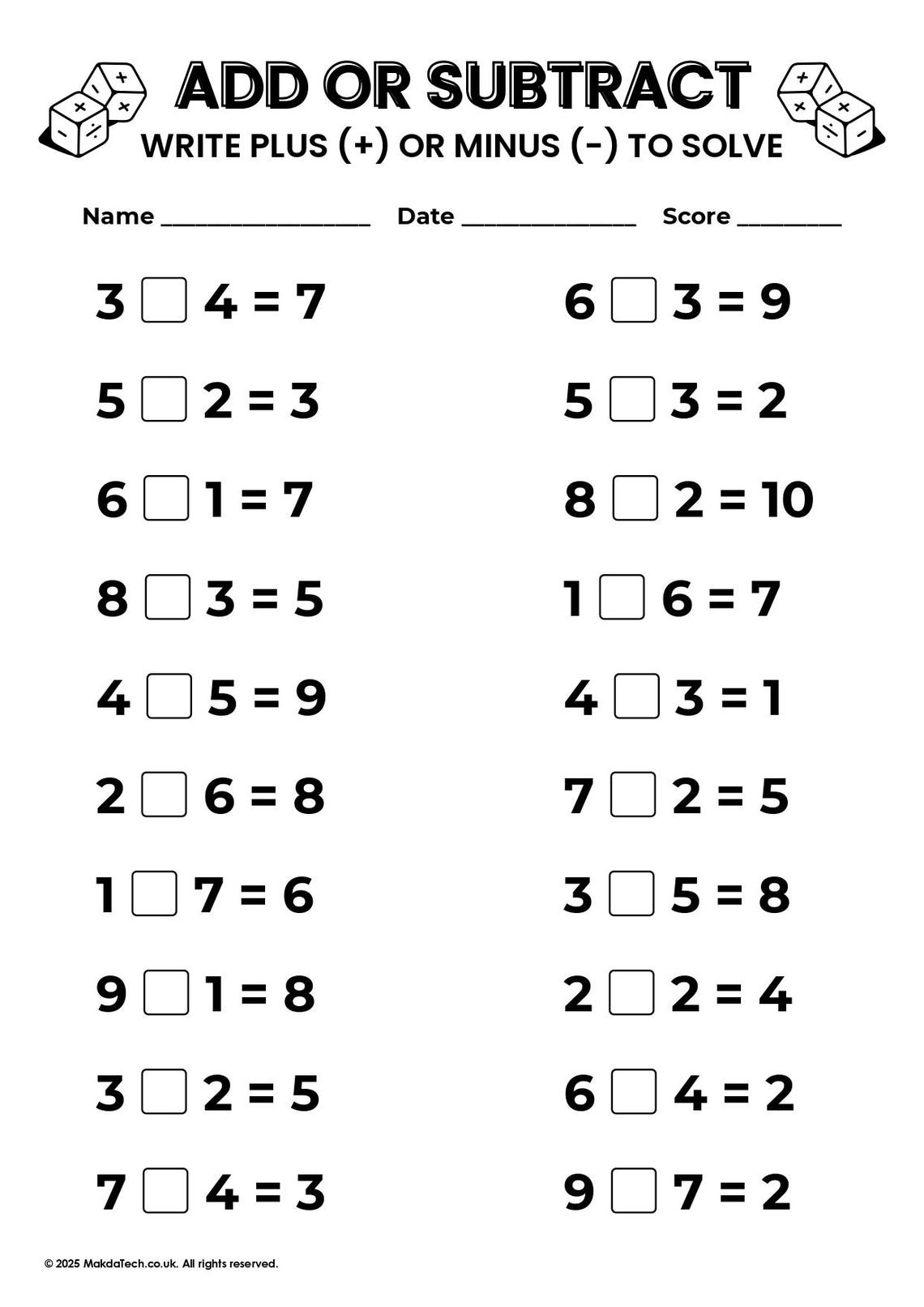 10 Printable Addition & Subtraction Fill in the Blanks Worksheets ...