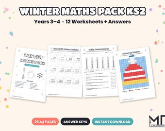 Winter Maths Worksheets KS2, Year 3 & Year 4 Column Addition, Times Tables, Fractions, Printable Maths Pack with Answers, A4 PDF