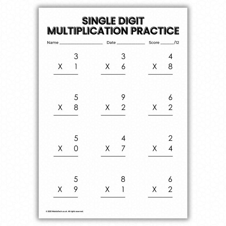 10 Printable Single Digit Multiplication Worksheets Practice Pack ...