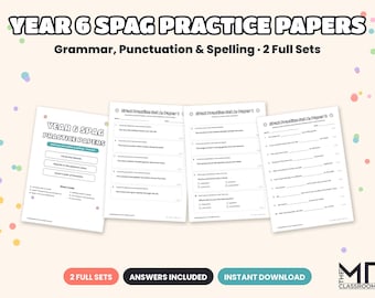 Year 6 SPaG Practice Papers, KS2 SATs Grammar Punctuation and Spelling Test, 2 Full Sets with Answers, GPS Revision, A4 PDF