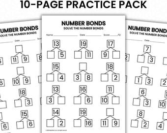 10 Printable Number Bond Addition Fill in the Blanks Worksheets (Numbers 1-20) for Nursery Reception F1 F2 Practice Pack - Digital Download