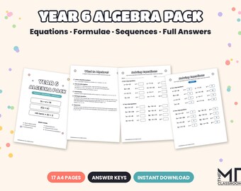 Year 6 Algebra Worksheets, Solving Equations, Formulae, Sequences & nth Term, Two Unknowns, KS2 SATs Maths Practice with Answers, A4 PDF