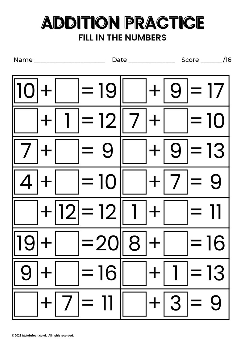 10 Printable Addition Fill in the Blanks Worksheets (numbers 1-20) for ...