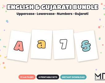 English and Gujarati Alphabet Bubble Letters Bundle, Uppercase, Lowercase, Numbers & Gujarati Letters, Printable Display, A4 PDF