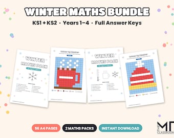 Winter Maths Worksheets Bundle KS1 & KS2, Year 1 to Year 4 Maths Practice, December Holiday Worksheets with Answers, Printable A4 PDF