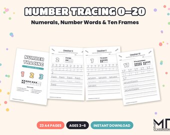 Number Tracing Worksheets 0-20, Numerals and Number Words Handwriting Practice with Ten Frames, Preschool & Reception Maths, A4 PDF