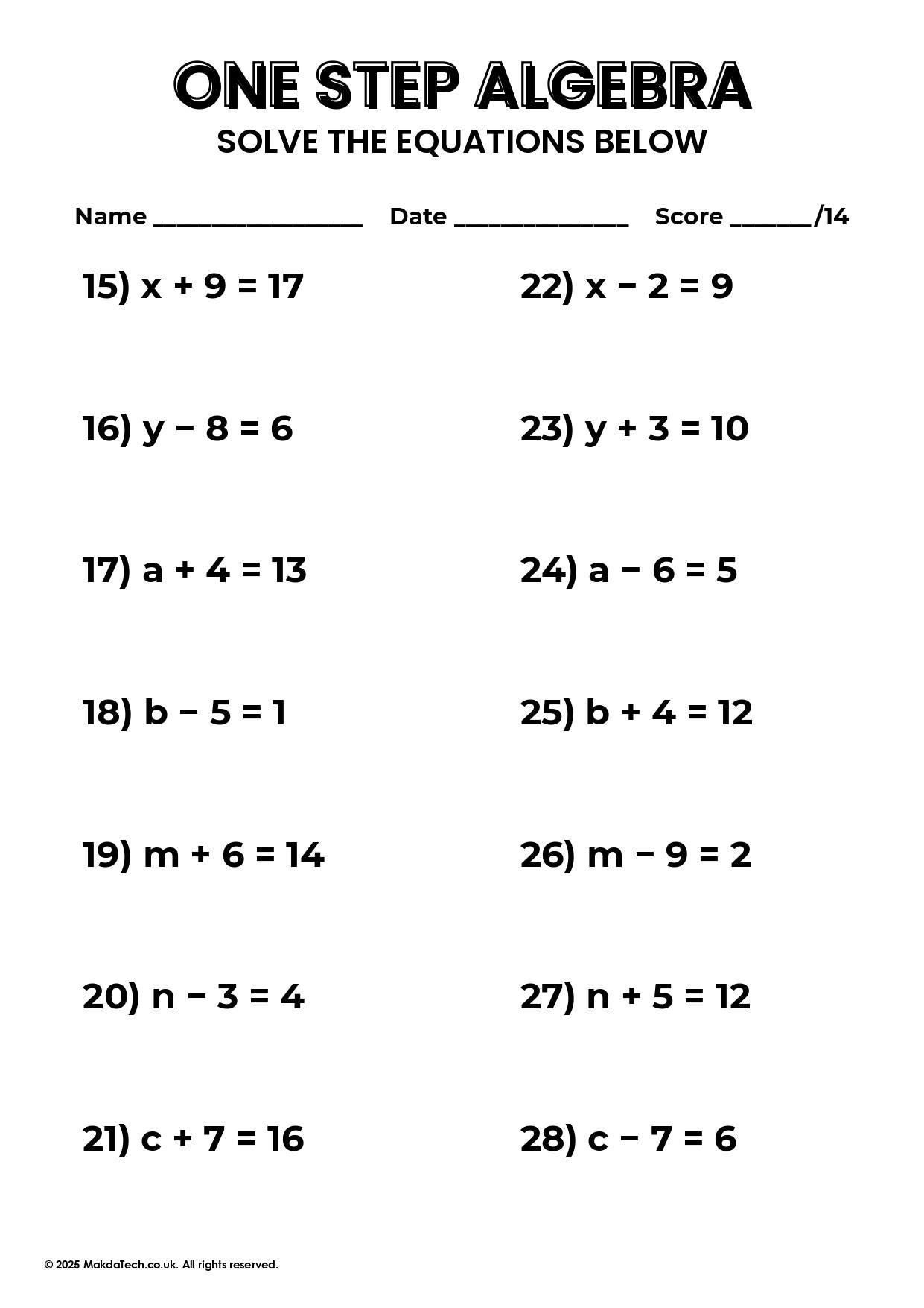 10 Printable One Step Algebra Equation and Two Step Algebra Equation ...