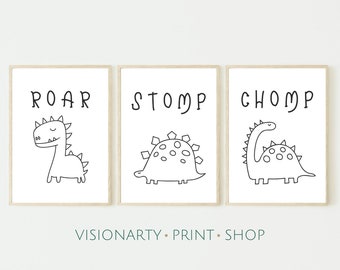 Roar Stomp Chomp Print, Dinosaur Wall Art, Set of 3, Dinosaur Room Decor, Kid Dino Room Print, Boy Nursery Wall Art, Neutral Nursery Bundle