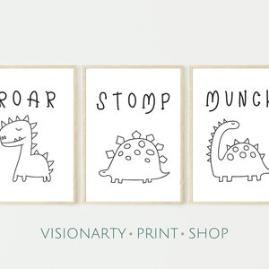 Dinosaur Wall Art, Roar Stomp Munch Print, Set of 3, Dinosaur Room Decor, Kid Dino Printable, Boy Nursery Wall Art, Neutral Nursery Print